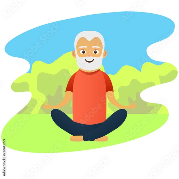 Fototapeta Happy old men dressed in sports clothing practicing yoga exercises. Cute grandfather. Active elderly man. Cartoon character. Vector illustration