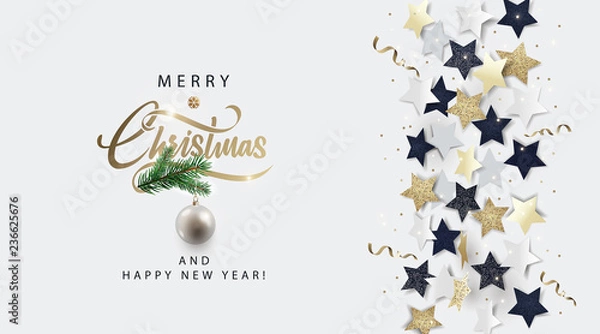 Obraz Christmas white banner, invitation, card or flyer. Holiday design with metallic lettering, black, gold and white stars, christmas ball,  tinsel and confetti. Winter festive decoration. Vector eps10