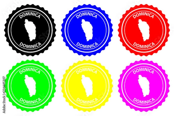 Fototapeta Dominika - stempel gumowy - wektor, wzór mapy Wspólnoty Dominiki - naklejka - czarna, niebieska, zielona, ​​żółta, fioletowa i czerwona