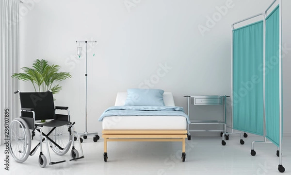 Fototapeta Hospital room with bed and table, 3D rendering