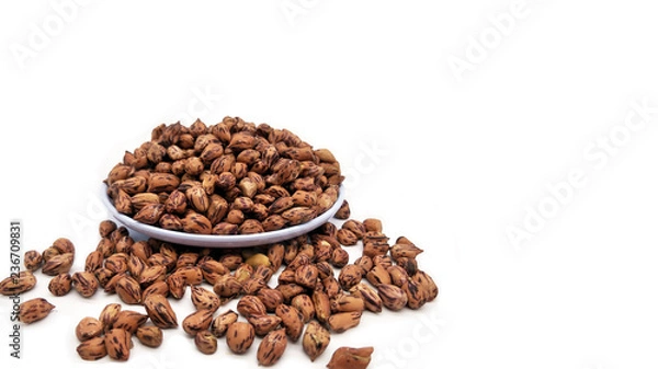 Fototapeta Closeup Shot of Tiger Peanuts in White Ceramic Bowl.  Isolated on White Background with Copy Space for Text.