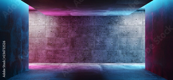 Obraz Nowoczesne futurystyczne science koncepcyjne tło tło grunge pusty ciemny pokój z neonowym świecącym fioletowym i niebieskim różowym neonowym światłem rendering 3D