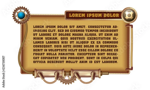 Fototapeta Freely editable mechanical banner decorated with brass gears, nozzles and rivets on a white Steampunk background.