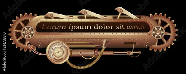 Fototapeta Freely editable mechanical banner decorated with brass gears, nozzles and rivets on a black Steampunk background.