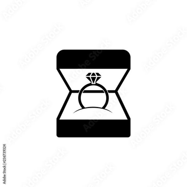 Fototapeta Wedding ring in gift box icon black on white background. Ring with diamond as a symbol of love, a sign of a marriage proposal. Jewelry isolated. Vector illustration flat design.