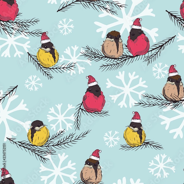 Fototapeta Titmouse, bullfinch. Winter Birds seamless pattern. Birds in Santa Claus hat. BIrds sitting on eve branch