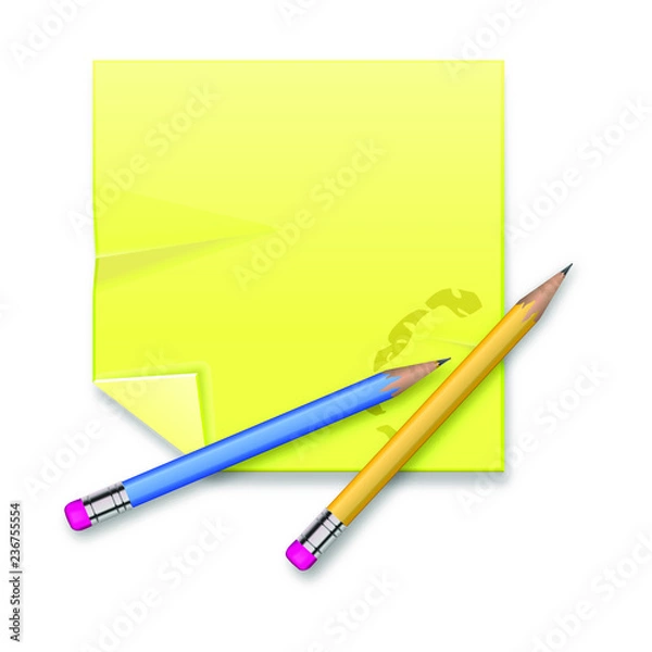 Fototapeta Blank square yellow record sheet and pencils with eraser on white background
