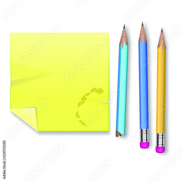 Obraz Blank square yellow record sheet and three pencils with eraser on white background