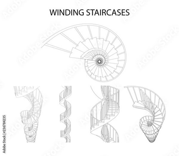 Fototapeta Vector set of 3d spiral winding staircases