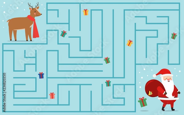 Fototapeta Christmas maze game for kids. Help deer find gifts that have fallen out of the bag of Santa Claus. Educational activity worksheet. Vector illustration.