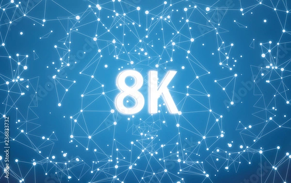 Obraz 8K on digital interface and blue network background