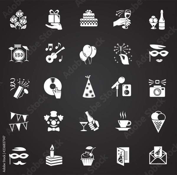 Fototapeta Birthday party icons set on black background for graphic and web design, Modern simple vector sign. Internet concept. Trendy symbol for website design web button or mobile app