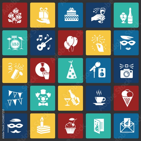 Obraz Birthday party icons set on color squares background for graphic and web design, Modern simple vector sign. Internet concept. Trendy symbol for website design web button or mobile app