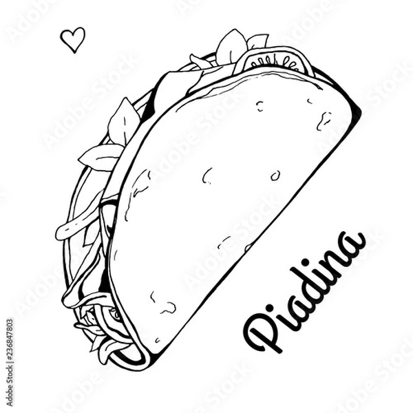 Fototapeta Piadina food Italian cuisine. Vector illustration in sketch style.