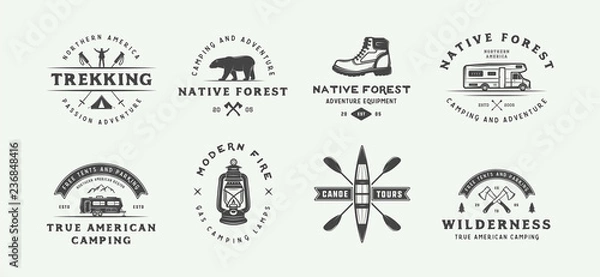 Fototapeta Set of vintage camping outdoor and adventure logos, badges, labels, emblems, marks and design elements. Graphic Art. Vector Illustration.