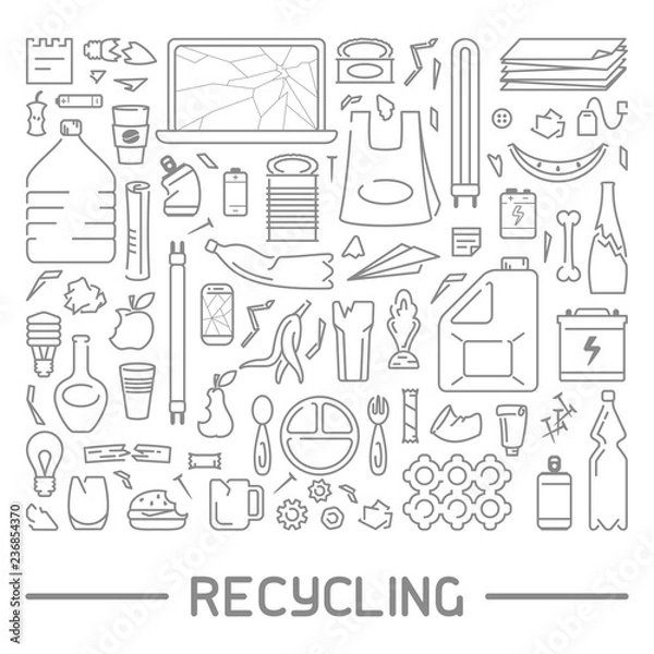 Obraz Recycling poster with waste elements set. Linear style vector illustration