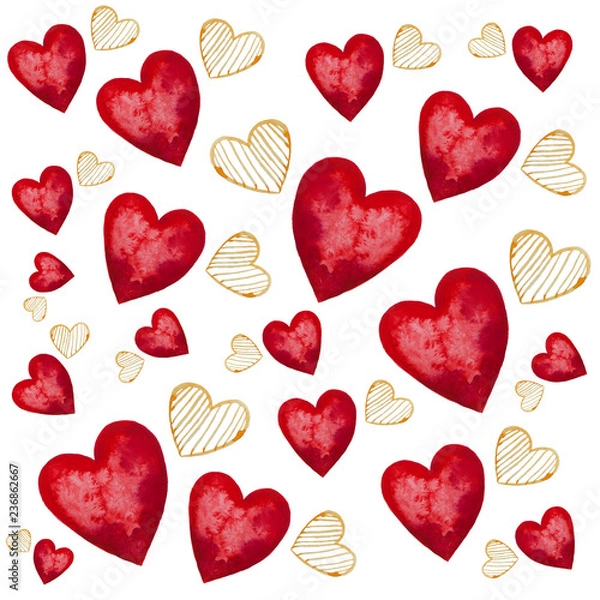 Fototapeta Watercolor illustration with red and yellow hearts for Valentine's Day on a white background. Seamless pattern for greeting card.