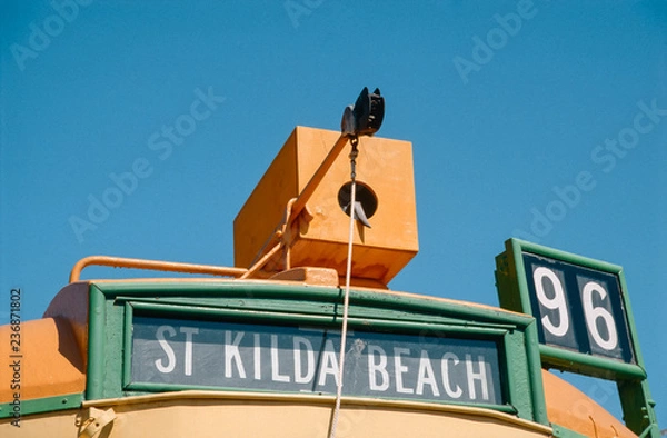 Fototapeta Destination sign and route number of the number 96 W-class tram to Saint Kilda Beach, Saint Kilda, Melbourne, Victoria, Australia.