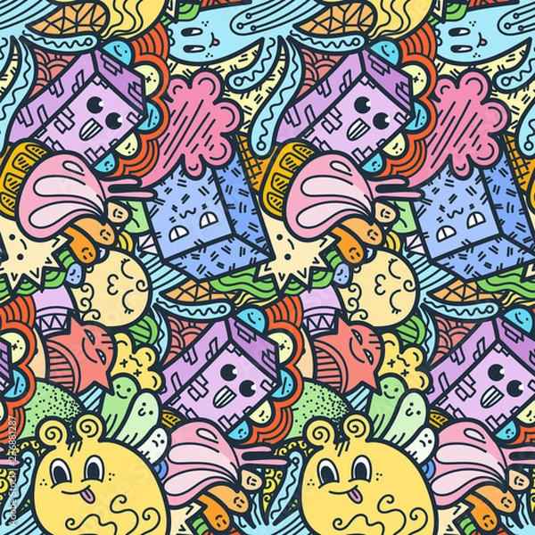Fototapeta Funny doodle monsters seamless pattern for prints, designs and coloring books