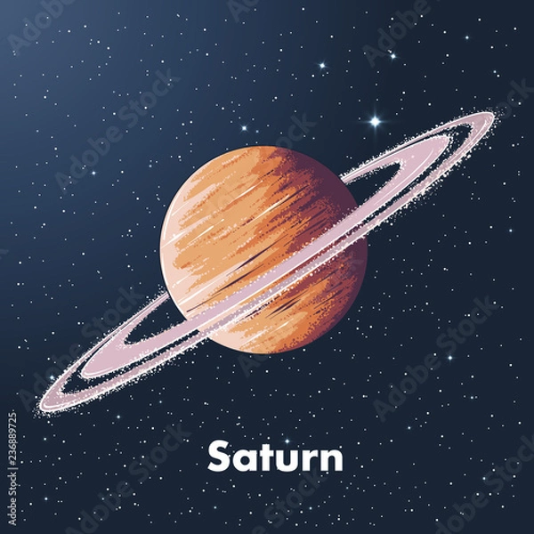Fototapeta Hand drawn sketch of planet saturn in color, against a background of space. Detailed drawing in the style of vintage. Vector illustration