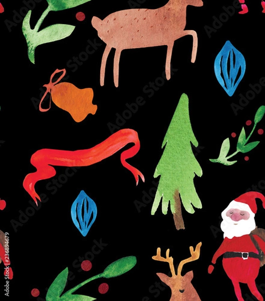 Obraz Christmas Watercolor beautiful seamless pattern with wreath, deer, ribbons, mittens and tree. Happy New Year decor. Holidays decorative prints for textile, paper, cards etc