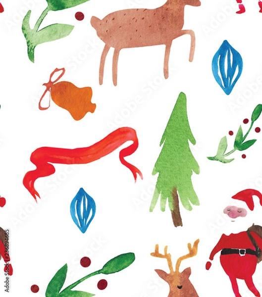 Obraz Christmas Watercolor beautiful seamless pattern with wreath, deer, ribbons, mittens and tree. Happy New Year decor. Holidays decorative prints for textile, paper, cards etc
