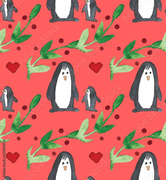 Obraz Watercolor beautiful seamless pattern with penguins, hearts, berries and leafs. Celebrate decor. Holidays decorative prints for textile, paper, cards etc