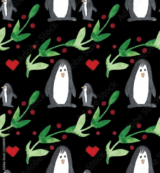 Obraz Watercolor beautiful seamless pattern with penguins, hearts, berries and leafs. Celebrate decor. Holidays decorative prints for textile, paper, cards etc