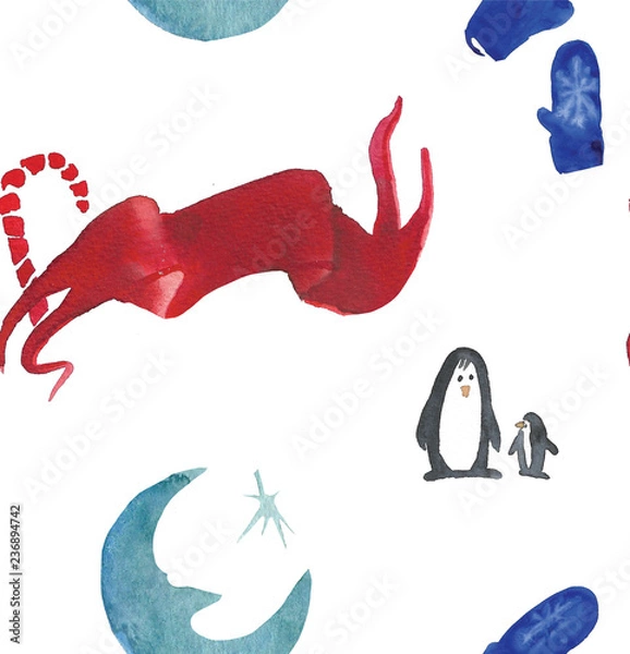 Obraz Christmas Watercolor beautiful seamless pattern with penguins, candy, moon and mittens. Happy New Year copy. Holidays decorative prints for textile, paper, cards etc.