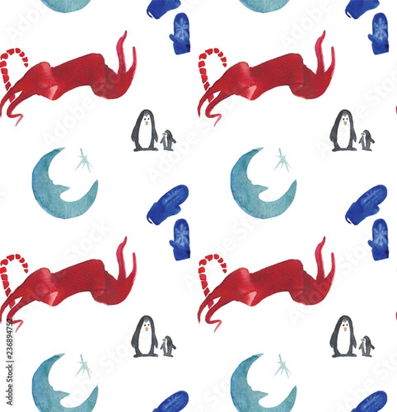 Obraz Christmas Watercolor beautiful seamless pattern with penguins, candy, moon and mittens. Happy New Year copy. Holidays decorative prints for textile, paper, cards etc.
