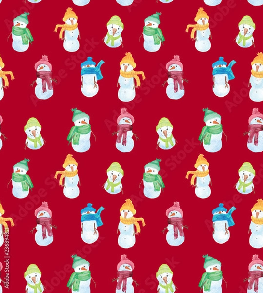 Obraz Christmas Watercolor beautiful seamless pattern with snowman. Happy New Year decor. Holidays decorative prints for textile, paper, cards etc