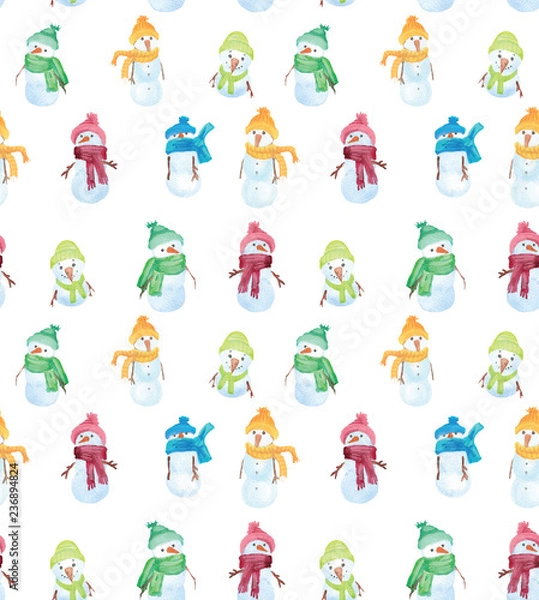 Obraz Christmas Watercolor beautiful seamless pattern with snowman. Happy New Year decor. Holidays decorative prints for textile, paper, cards etc
