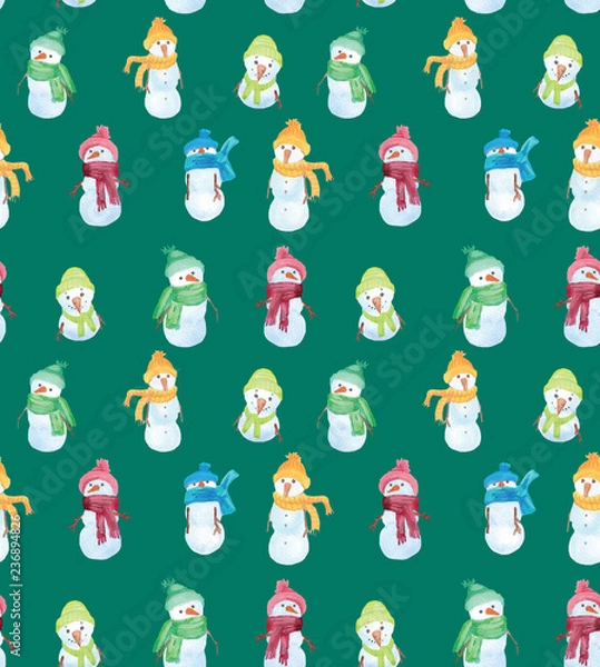 Obraz Christmas Watercolor beautiful seamless pattern with snowman. Happy New Year decor. Holidays decorative prints for textile, paper, cards etc