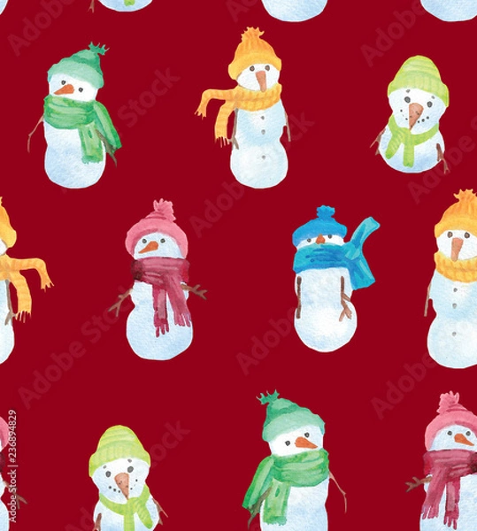 Obraz Christmas Watercolor beautiful seamless pattern with snowman. Happy New Year decor. Holidays decorative prints for textile, paper, cards etc