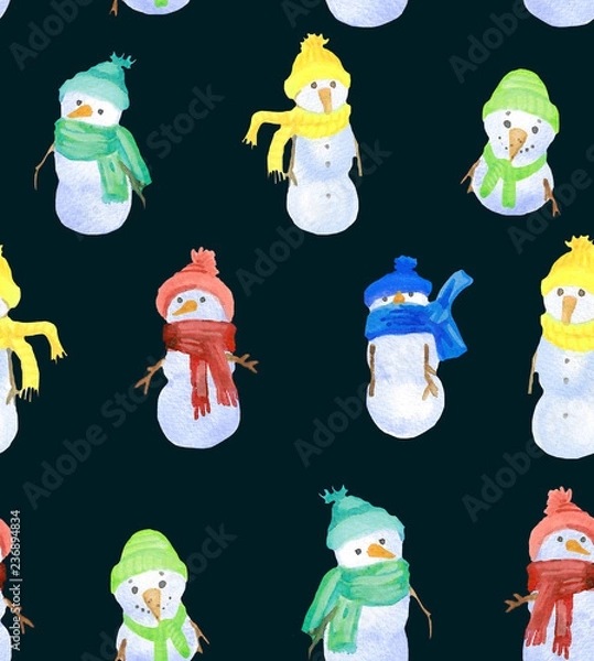 Obraz Christmas Watercolor beautiful seamless pattern with snowman. Happy New Year decor. Holidays decorative prints for textile, paper, cards etc