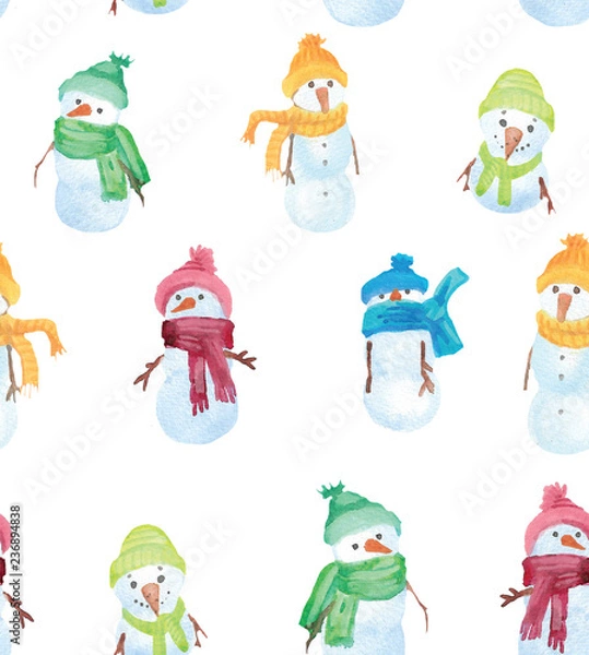 Obraz Christmas Watercolor beautiful seamless pattern with snowman. Happy New Year decor. Holidays decorative prints for textile, paper, cards etc