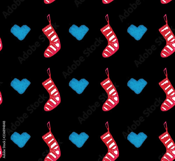 Obraz Christmas Watercolor beautiful seamless pattern with socks and hearts. Happy New Year decor. Holidays decorative prints for textile, paper, cards etc