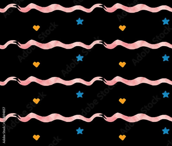 Obraz Watercolor beautiful seamless pattern with stars and pink ribbons. Holidays decorative prints for textile, paper, cards etc