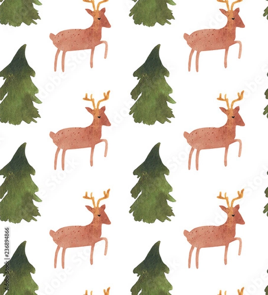 Obraz Christmas Watercolor beautiful seamless pattern with Santa, deer, ribbons, bells and tree. Happy New Year decor. Holidays decorative prints for textile, paper, cards etc