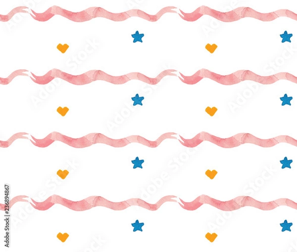 Obraz Watercolor beautiful seamless pattern with stars and pink ribbons. Holidays decorative prints for textile, paper, cards etc