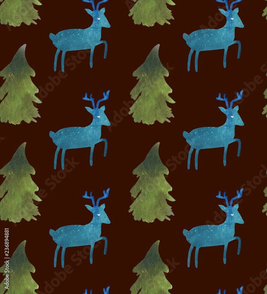 Obraz Christmas Watercolor beautiful seamless pattern with Santa, deer, ribbons, bells and tree. Happy New Year decor. Holidays decorative prints for textile, paper, cards etc