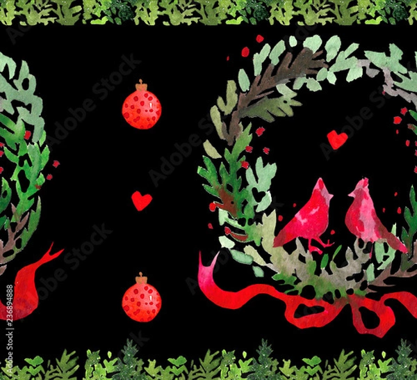 Obraz Christmas Watercolor beautiful seamless pattern with wreath, birds, ribbons and balls. Happy New Year decor. Holidays decorative prints for textile, paper, cards etc
