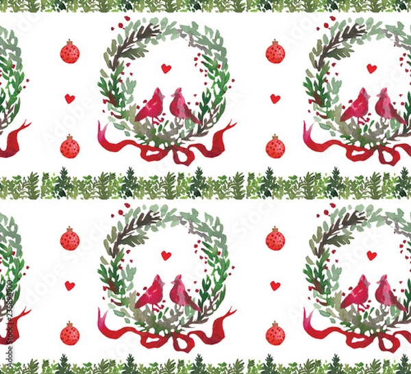 Obraz Christmas Watercolor beautiful seamless pattern with wreath, birds, ribbons and balls. Happy New Year decor. Holidays decorative prints for textile, paper, cards etc