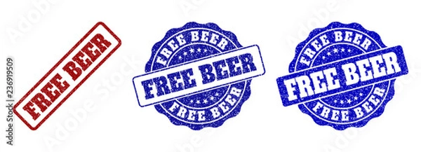 Fototapeta FREE BEER grunge stamp seals in red and blue colors. Vector FREE BEER imprints with grunge style. Graphic elements are rounded rectangles, rosettes, circles and text titles.