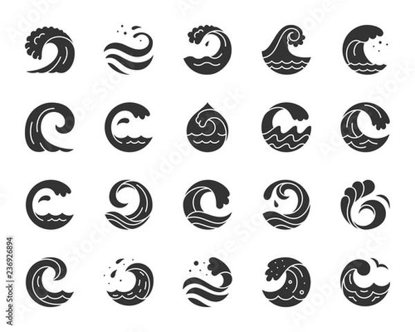 Fototapeta Water wave black silhouette icons vector set