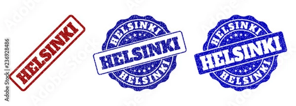 Fototapeta HELSINKI grunge stamp seals in red and blue colors. Vector HELSINKI imprints with grunge texture. Graphic elements are rounded rectangles, rosettes, circles and text labels.