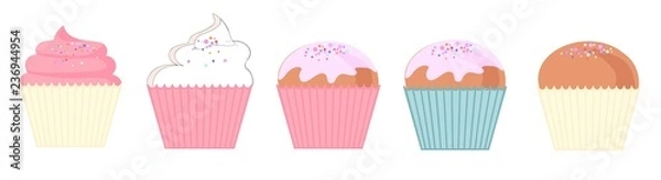 Fototapeta set of colorful delicious cupcakes, cakes, desserts. Cupcake icons, flat style. Vector. elements for new year, holiday cards, birthday cards