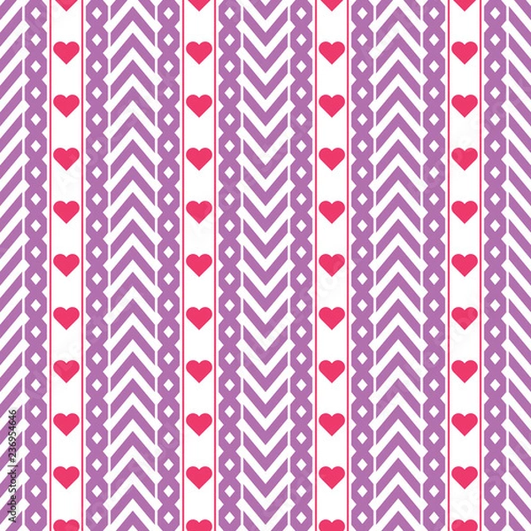 Fototapeta Vector purple chevron pattern with red hearts on a white background. Perfect love theme seamless pattern for packaging, wrapping paper, scrapbooking, cards.