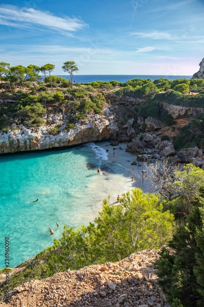 Fototapeta Mallorca in Balearic Islands, Spain. One of the most beautiful beach in the world with crystal clear turquoise waters and a wonderful paradise in the middle of the Mediterranean sea in Europe.