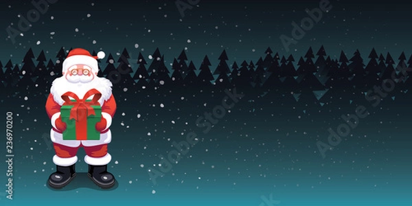 Fototapeta Cute Santa Claus standing with green gift box on a dark forest background snow falling